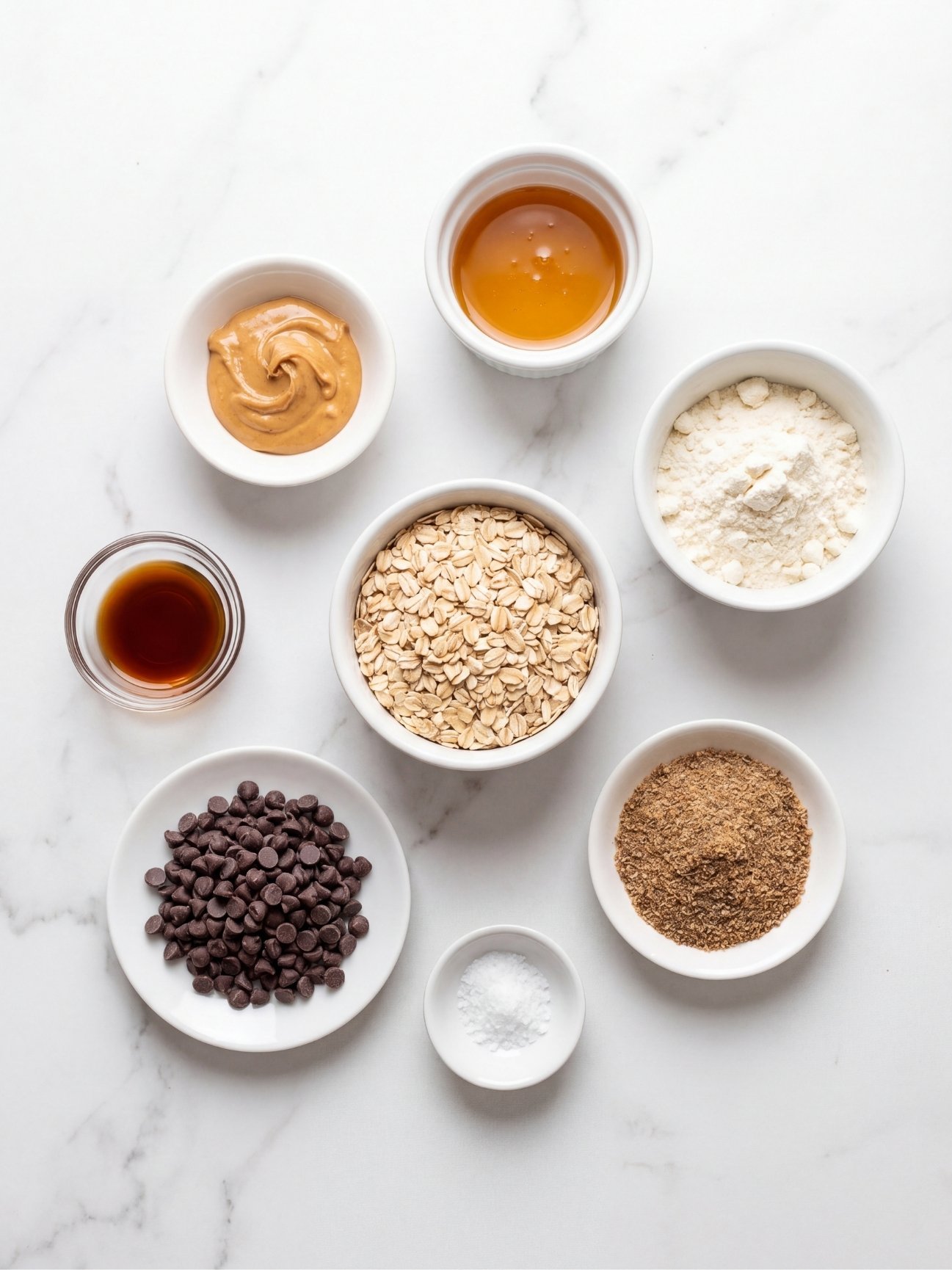 ingredients for no bake peanut butter protein balls oats peanut butter honey protein powder and chocolate chips on table