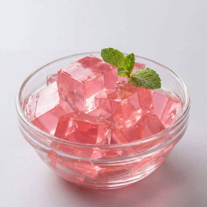 A clear glass bowl piled high with pale pink jello cubes and topped with a fresh green mint sprig against a plain gray background.