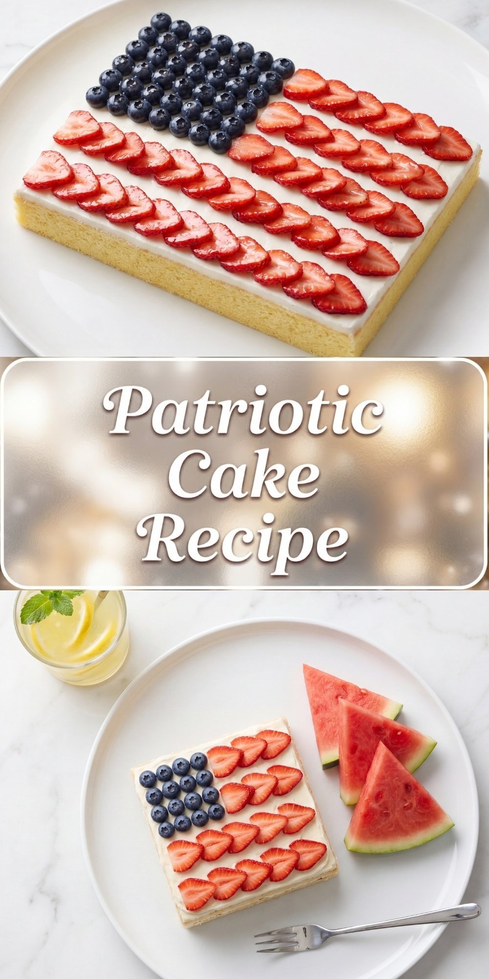 A Pinterest pin graphic showing a full flag cake and a single serving slice with watermelon and lemonade.