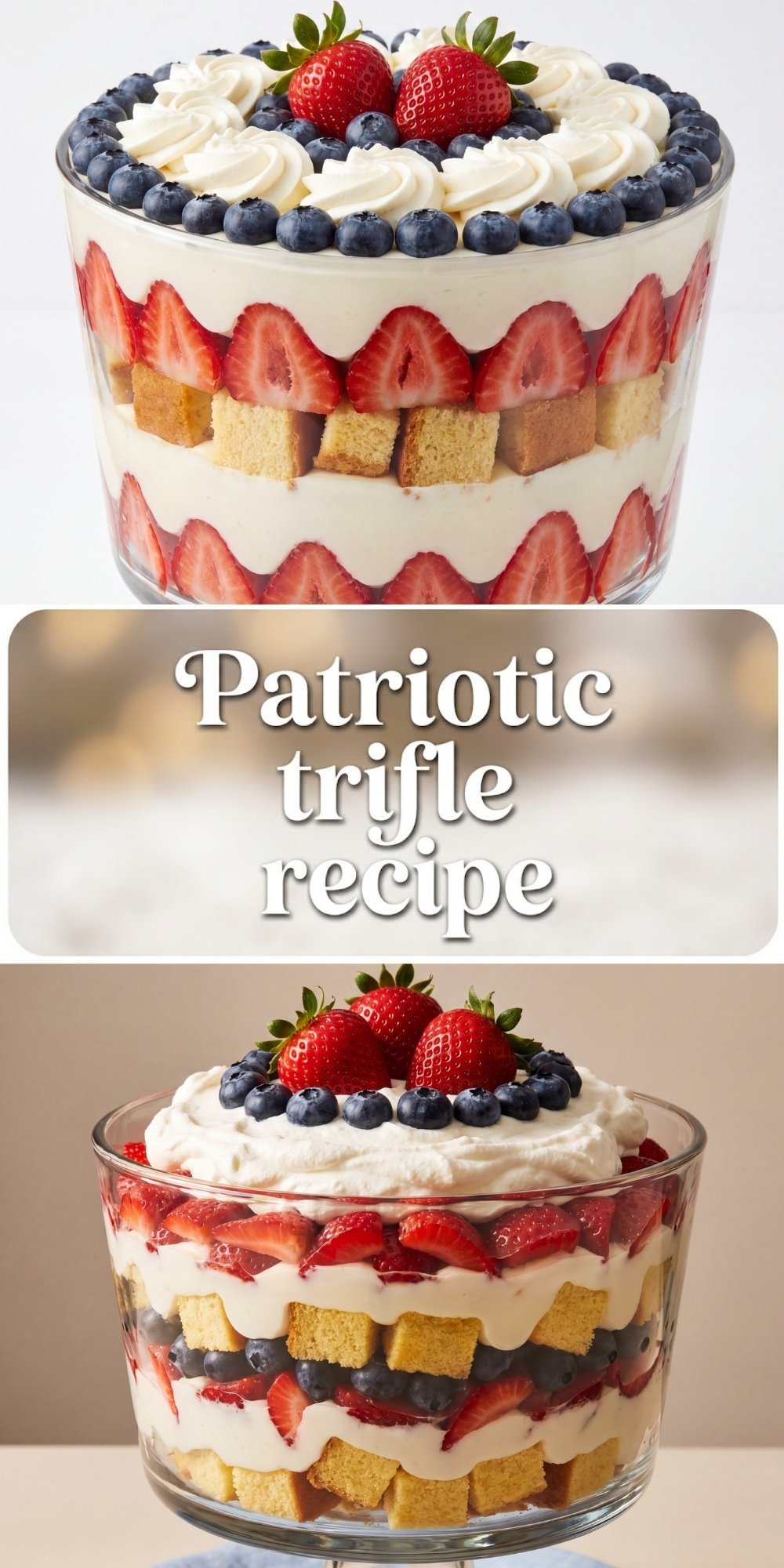 A clear glass trifle bowl filled with layers of pound cake cubes, cheesecake pudding, sliced strawberries, and blueberries topped with whipped cream swirls.