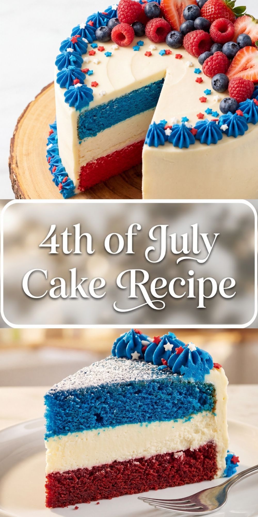 A Pinterest pin graphic showing a 4th of July cake topped with fresh berries and a slice of the layered red, white, and blue cake below.