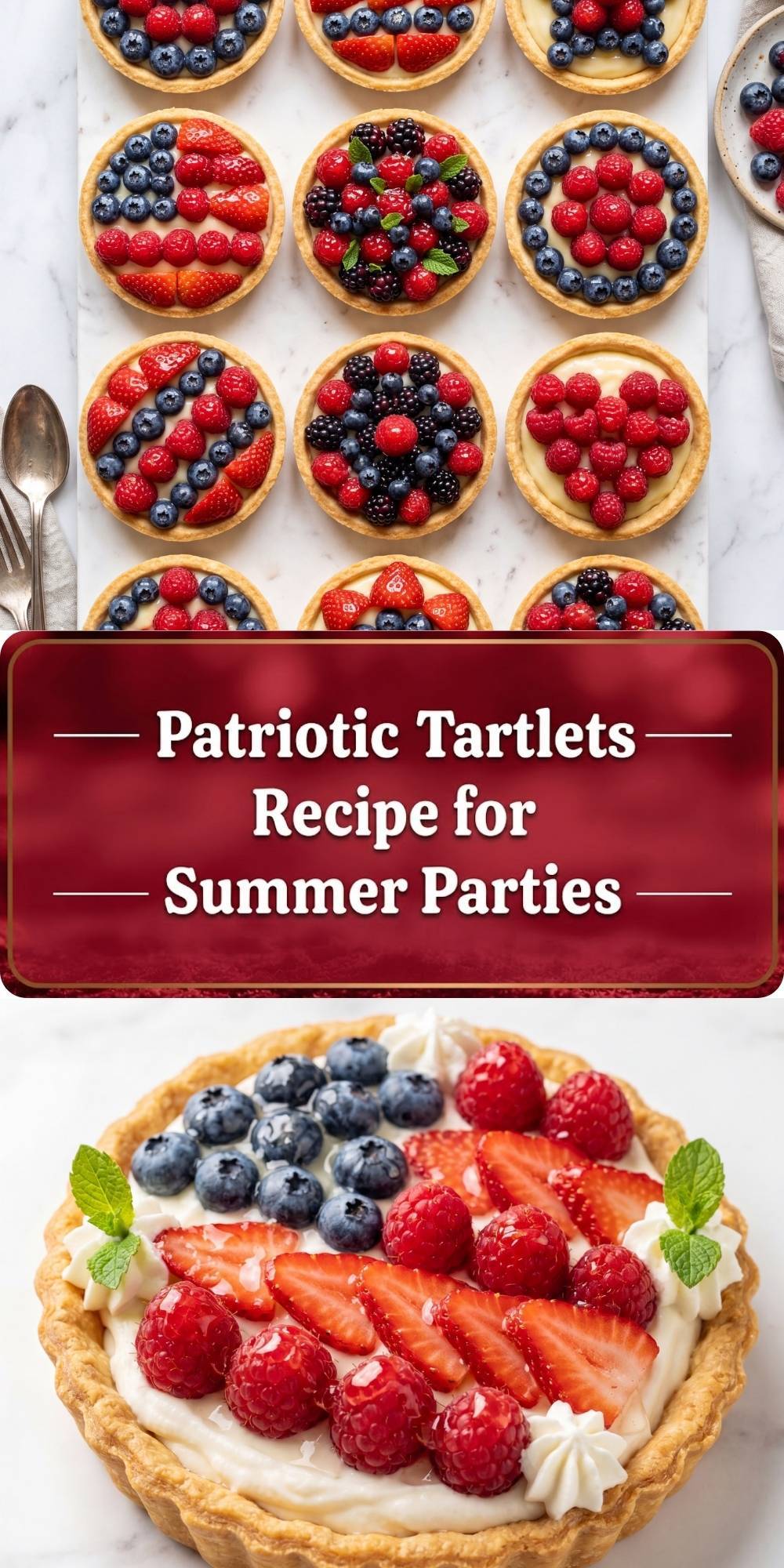 A vertical Pinterest pin graphic featuring a grid of assorted berry tartlets with a red text overlay titled "Patriotic Tartlets Recipe for Summer Parties" and a close-up of a festive fruit tart.