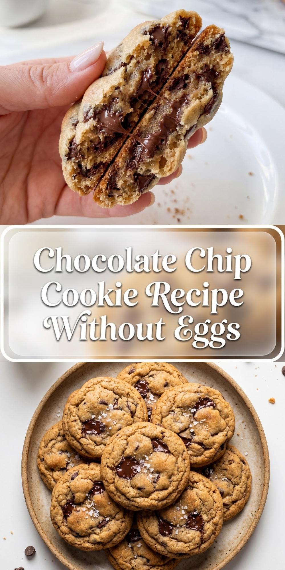 Two hands pulling apart a warm chocolate chip cookie showing melted chocolate stretching between the halves above a plate of finished cookies sprinkled with sea salt