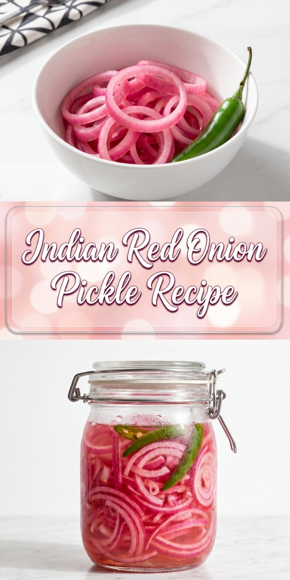 A graphic showing a white bowl of sliced pink pickled onions alongside a green chili pepper and a glass jar filled with the same pickled onions