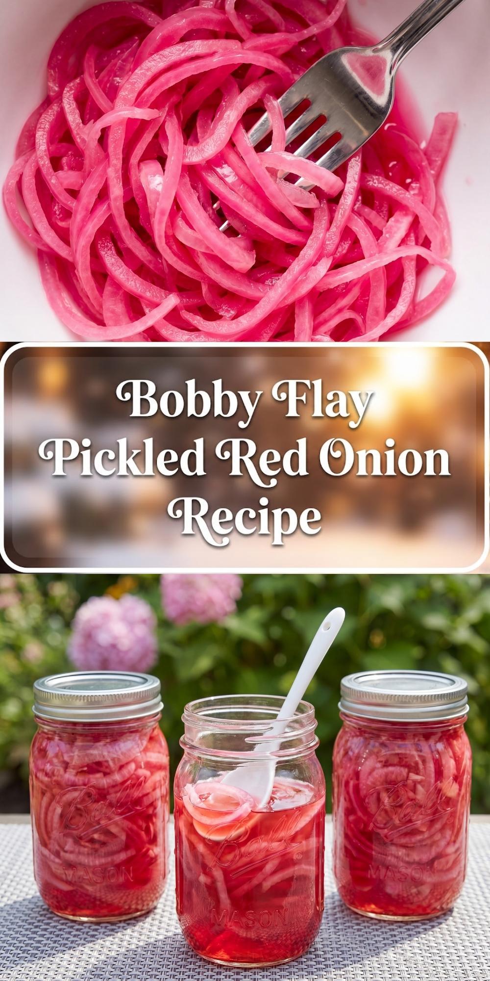 A white bowl filled with bright pink pickled red onion strands with a silver fork lifting a portion out of the bowl.
