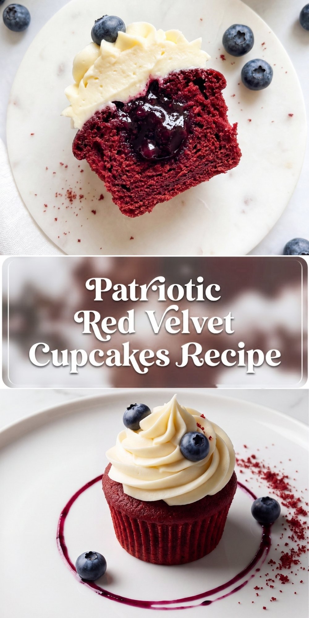 A Pinterest pin featuring a top section with a halved red velvet cupcake showing a blueberry filling and a bottom section with a plated cupcake and a berry sauce swirl.