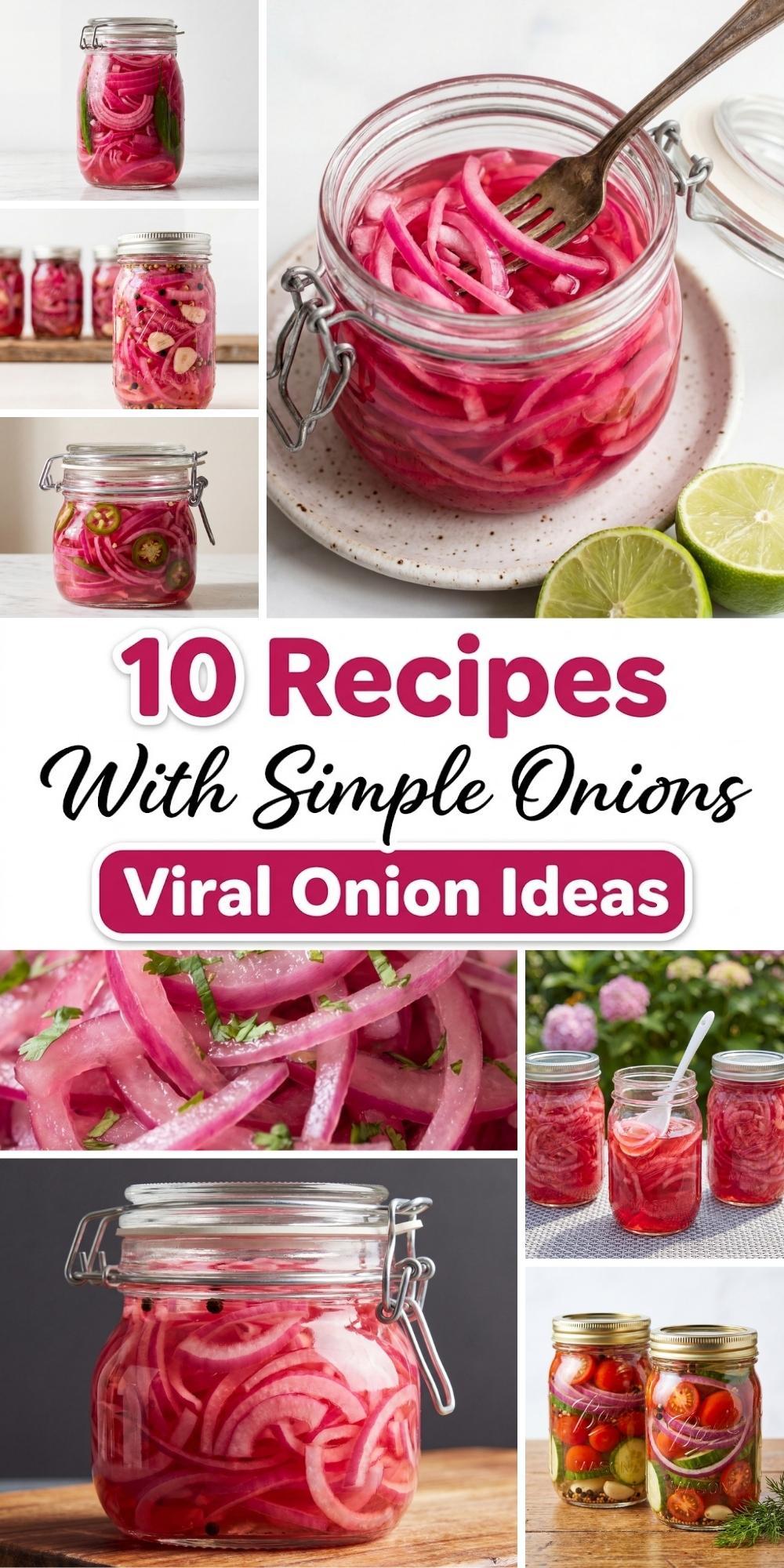 Collage of homemade pickled red onion recipes in glass jars with vibrant pink onions, lime slices, and colorful toppings.