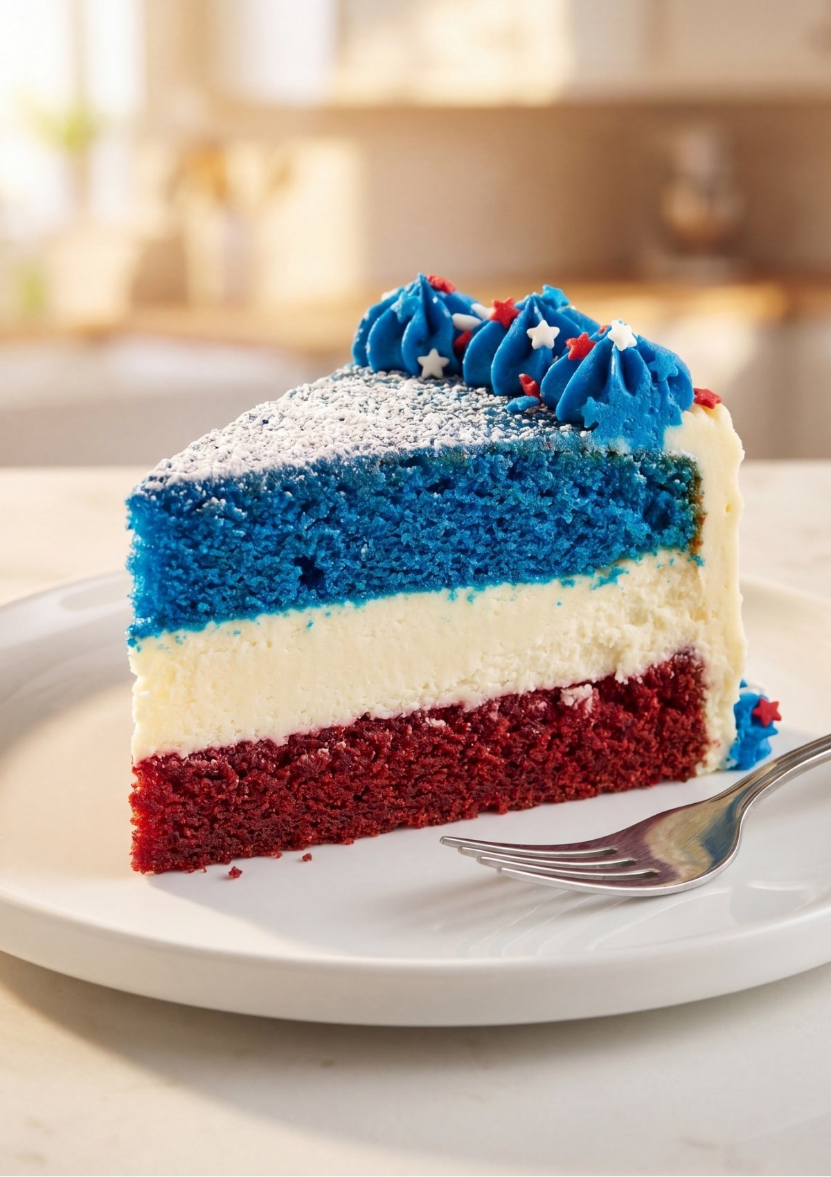 A slice of 4th of July cake showing distinct red, white, and blue layers on a white plate with a fork.