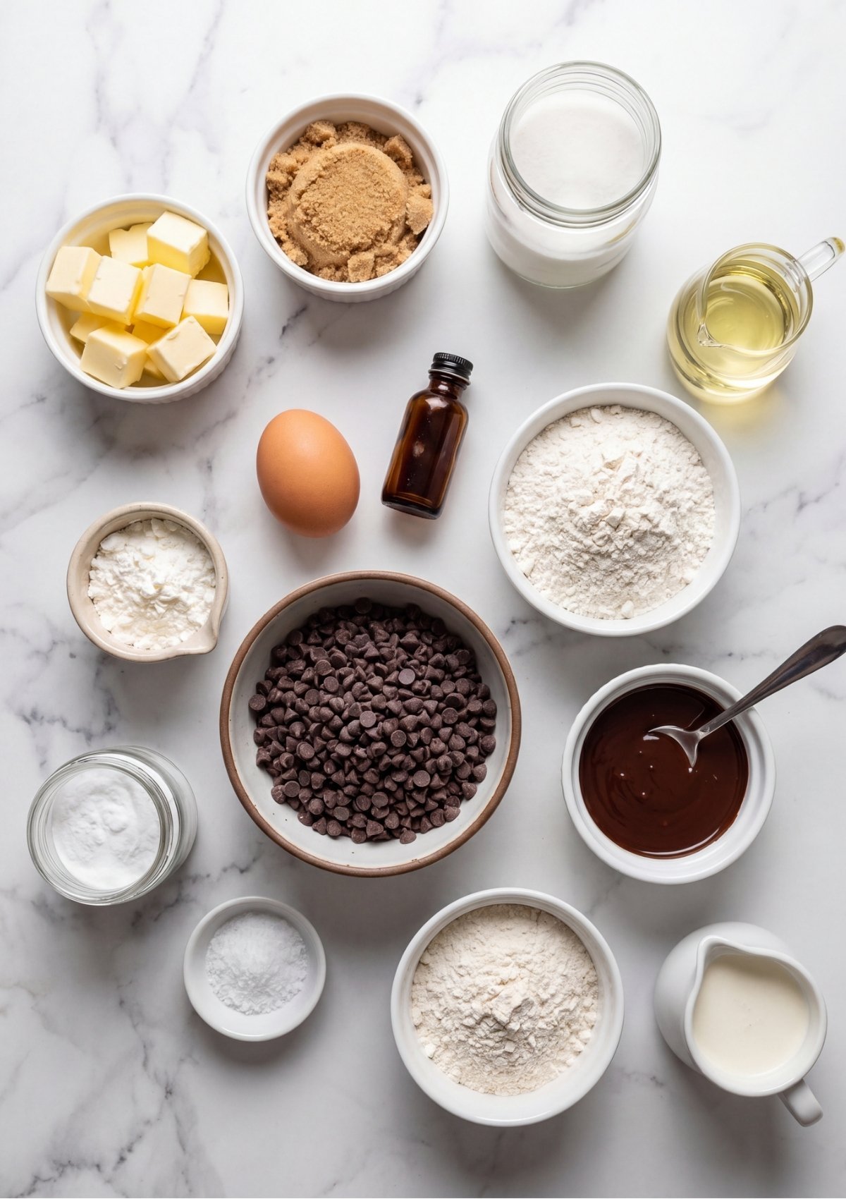 Overhead view of baking ingredients for a chocolate chip cookie dough recipe arranged in small white bowls on a marble surface including butter cubes, brown sugar, flour, mini chocolate chips, and an egg