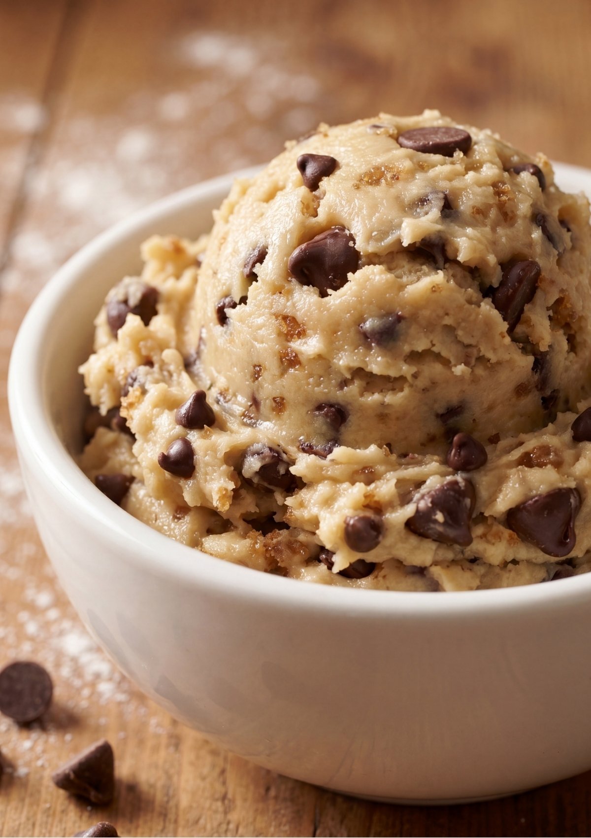 A close up of a scoop of chocolate chip cookie dough in a white ceramic bowl with scattered chocolate chips on a wooden surface