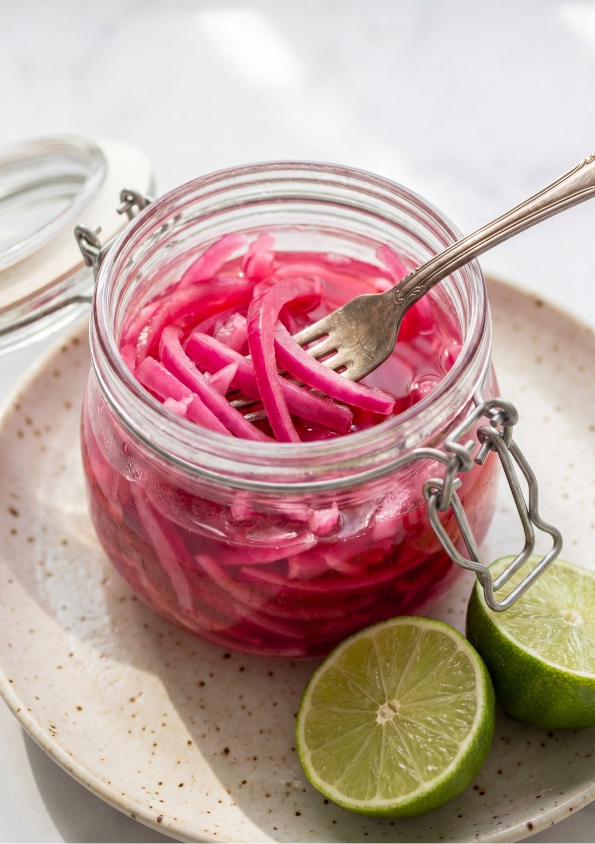 A glass jar filled with bright pink Mexican pickled red onions on a speckled ceramic plate next to fresh lime halves