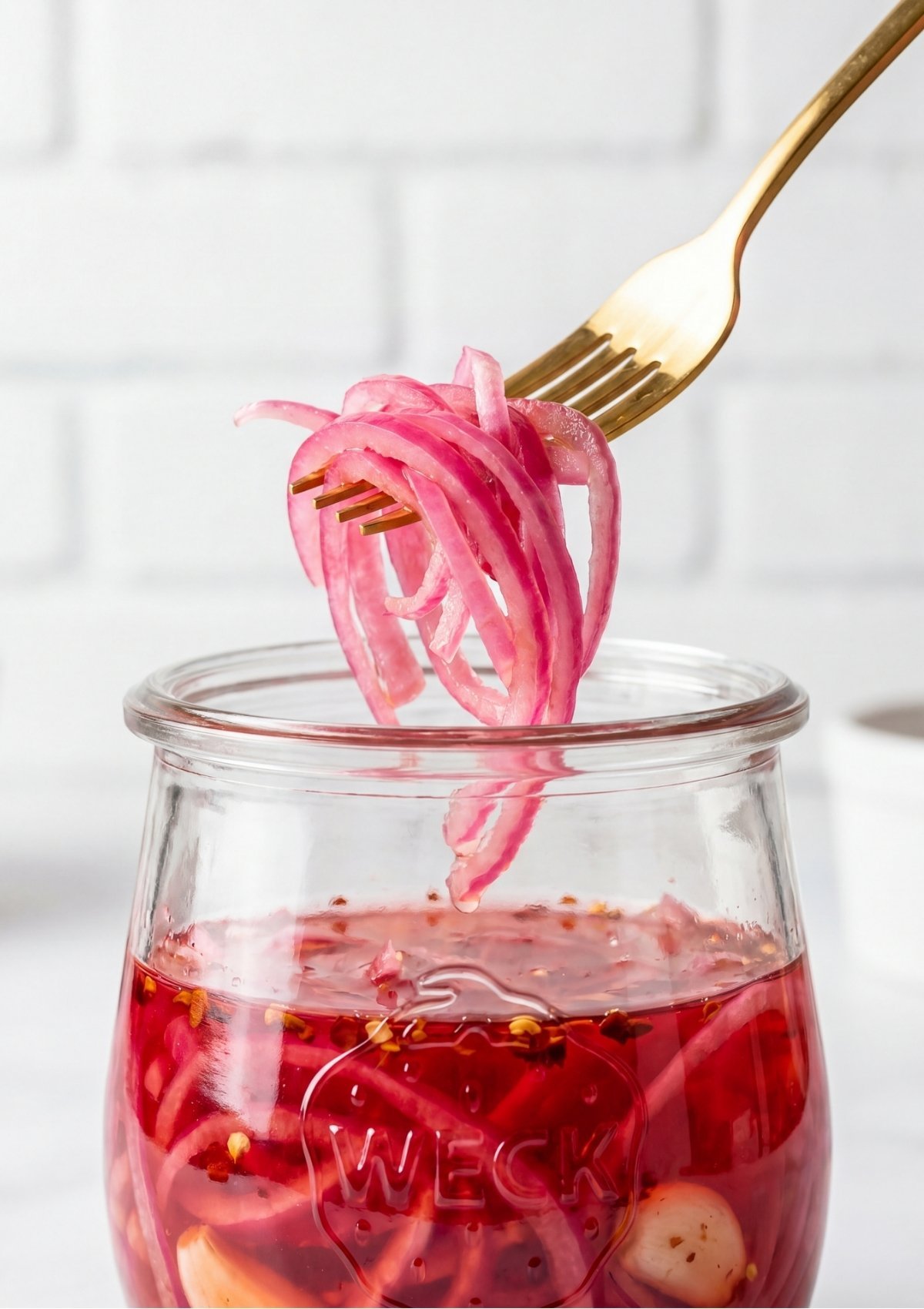 A gold fork lifting a bundle of bright pink sweet pickled red onions from a glass jar filled with brine and garlic cloves