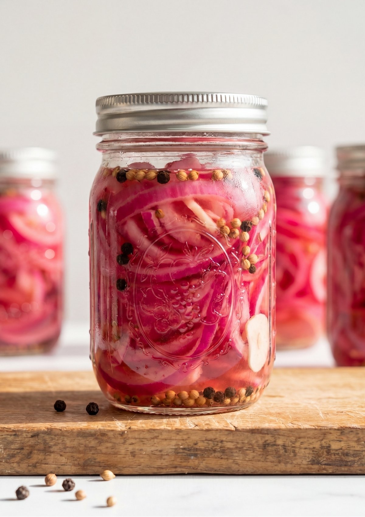 Sliced red onions pickled with black peppercorns and coriander seeds inside a glass mason jar on a wooden cutting board