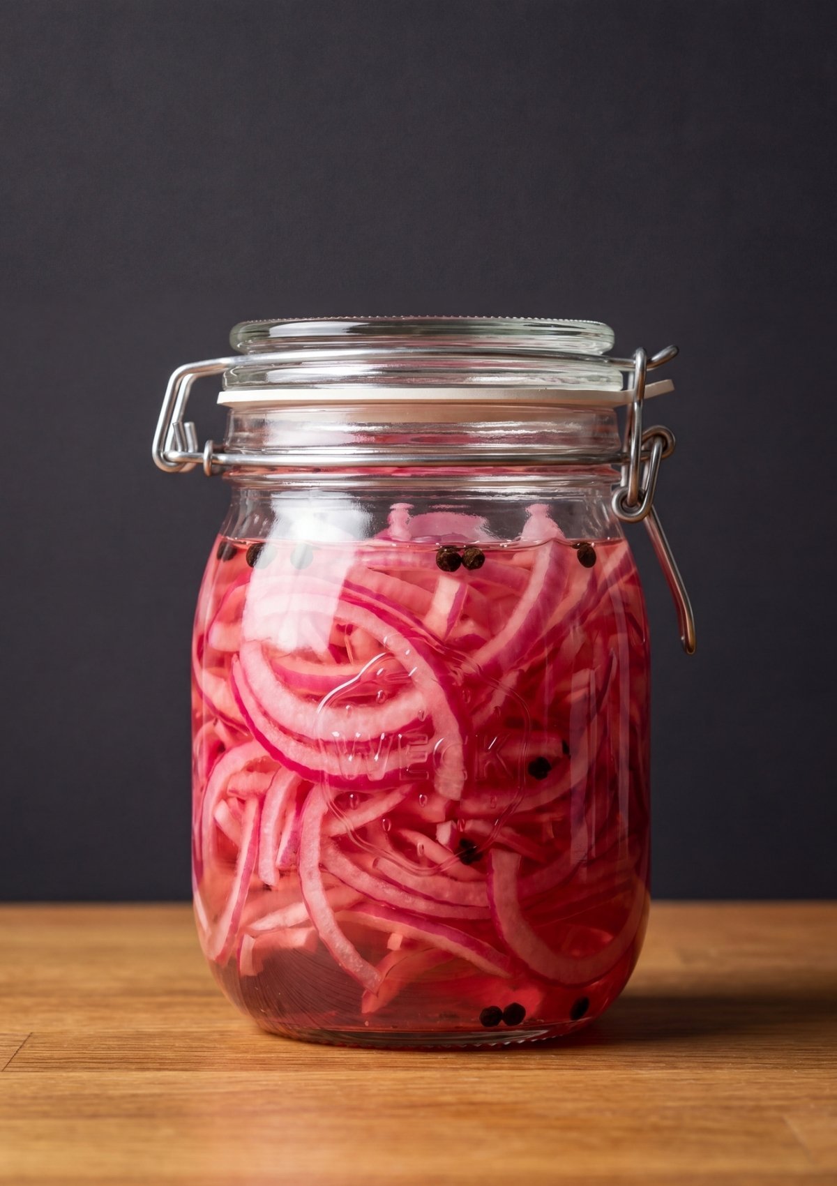 A clear glass jar filled with bright pink sliced red onions submerged in clear pickling brine with visible whole black peppercorns.