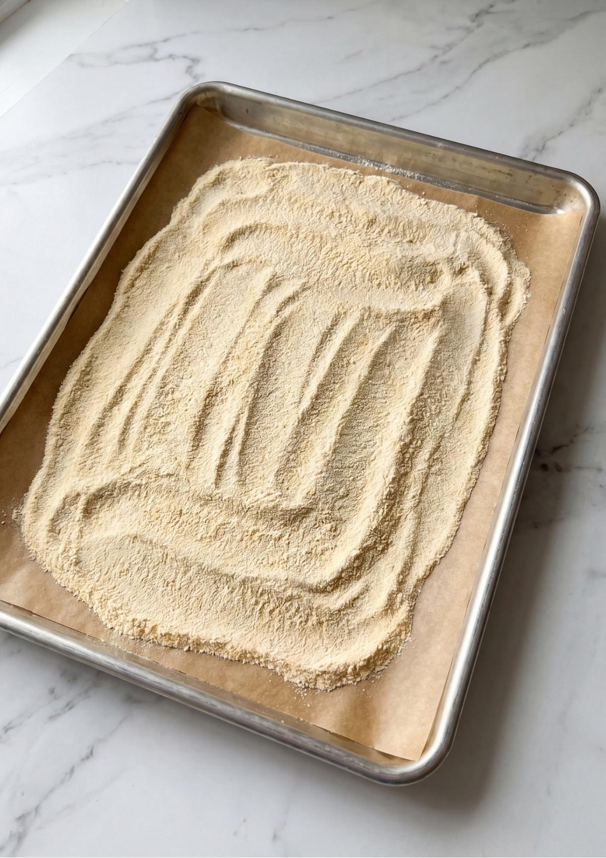 An angled view of heat treated all purpose flour spread across a parchment paper lined rimmed baking sheet on a white marble counter