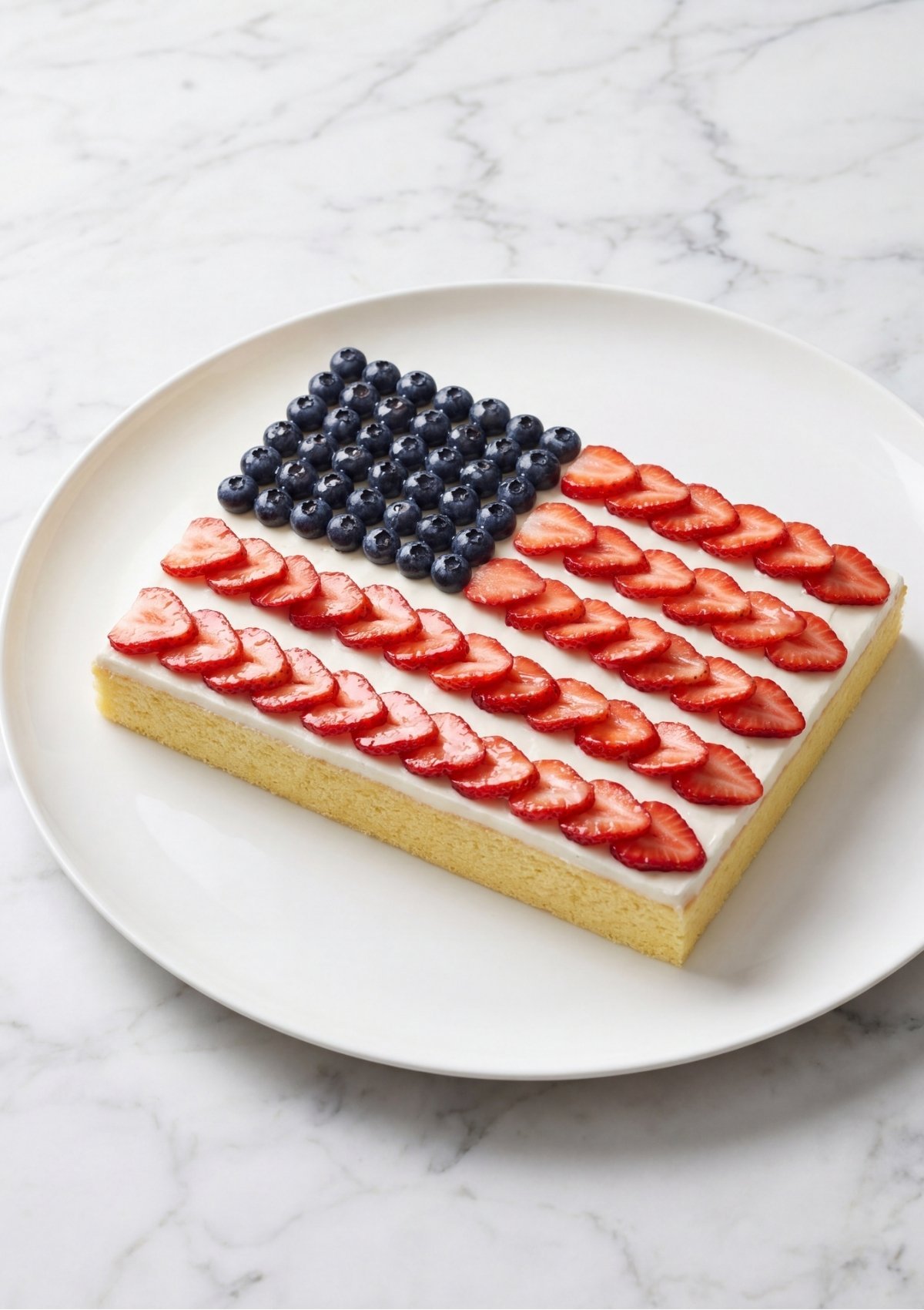 A rectangular vanilla cake with white frosting decorated with blueberries in the top left and rows of strawberry slices.