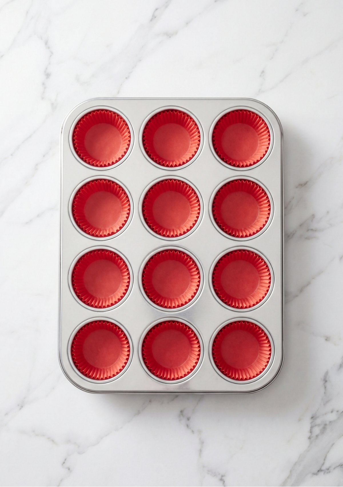 A silver 12-count muffin tin lined with vibrant red paper cupcake liners on a white marble countertop.