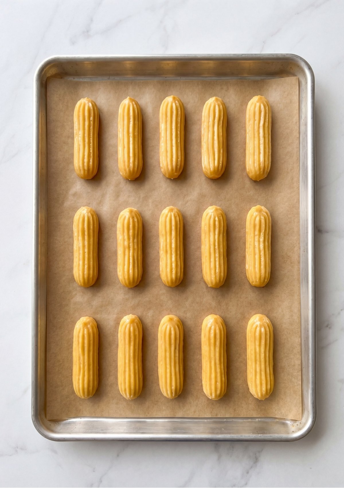 Rows of raw, golden choux pastry dough piped into long éclair shapes are lined up on a parchment-covered baking sheet, ready for the Patriotic Éclairs Recipe for July 4th Desserts.