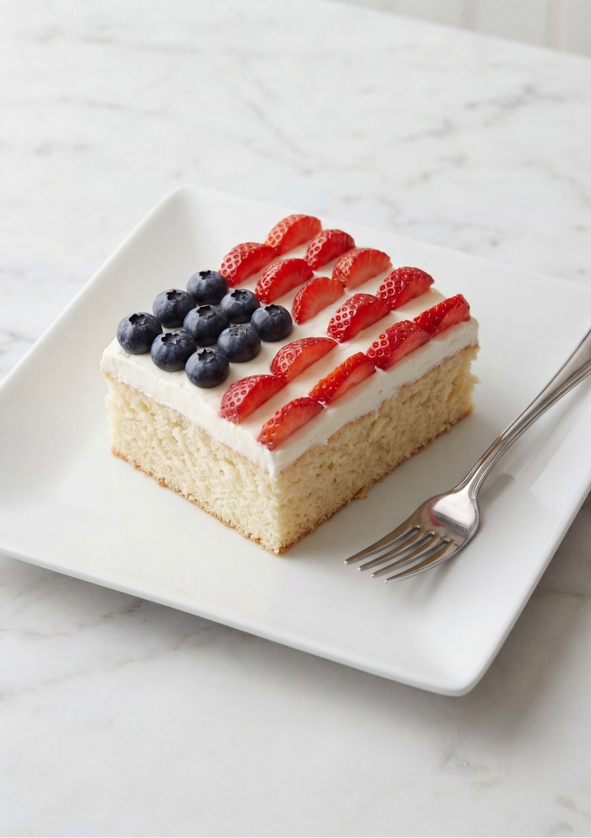 A square slice of white cake with frosting and a berry flag design served on a white plate with a fork.