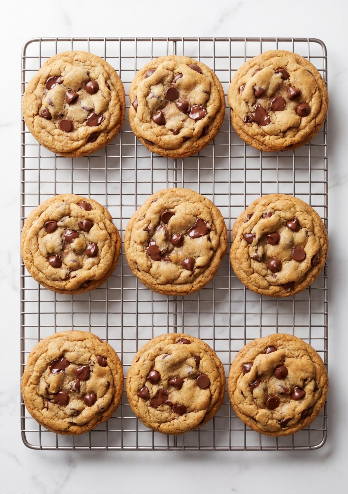 Nine thick golden brown chocolate chip cookies cooling in even rows on a rectangular metal wire rack