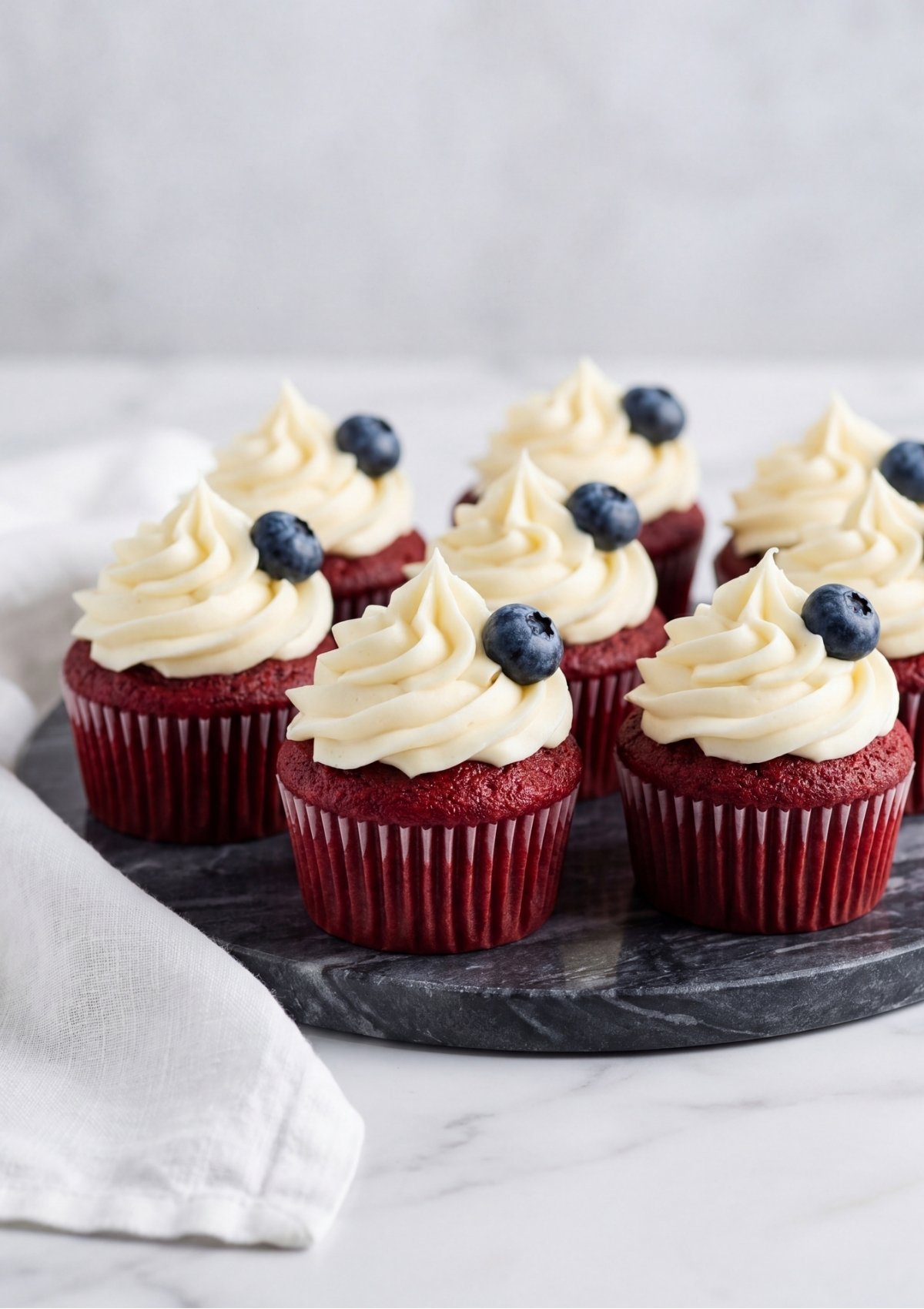 A cluster of red velvet cupcakes topped with creamy white swirls of frosting and a single fresh blueberry on a dark marble plate.