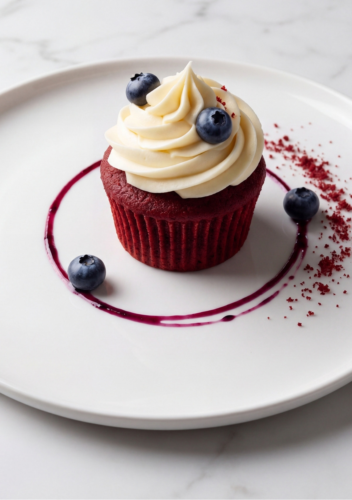 A single red velvet cupcake with cream cheese frosting and blueberries, elegantly plated with a purple berry sauce swirl and cake crumbs.