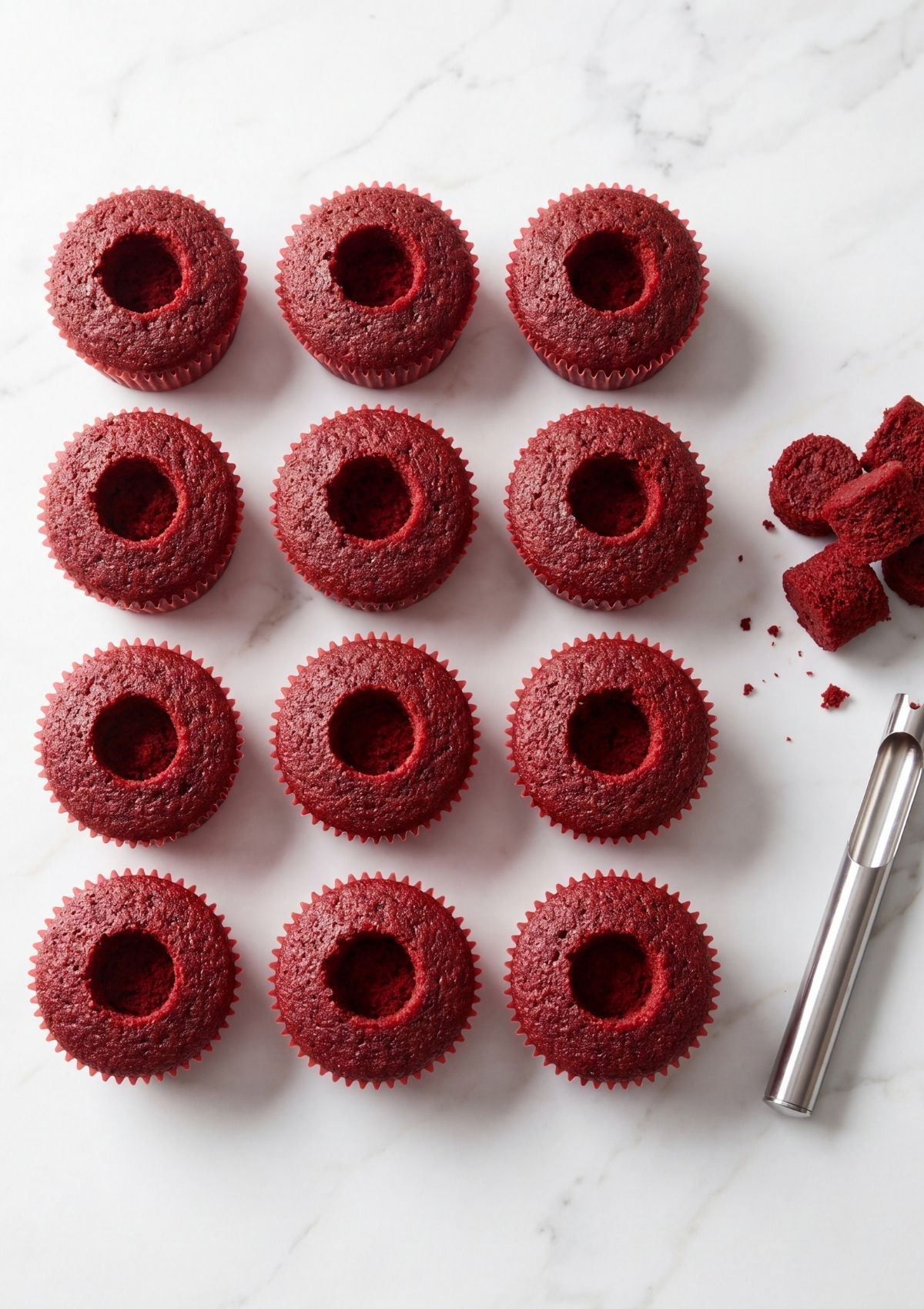 A top-down view of twelve red velvet cupcakes with their centers removed using a metal corer, ready to be filled for a Patriotic Red Velvet Cupcakes Recipe.