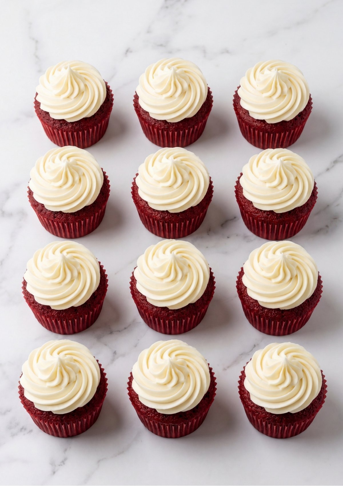 Twelve red velvet cupcakes arranged in rows on a marble surface, each topped with a uniform swirl of thick white cream cheese frosting.