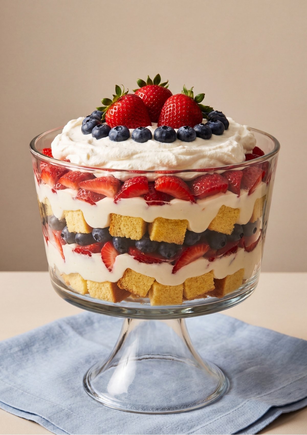 A side view of a completed berry trifle in a glass bowl showing clear layers of red strawberries, blue berries, and white cream.