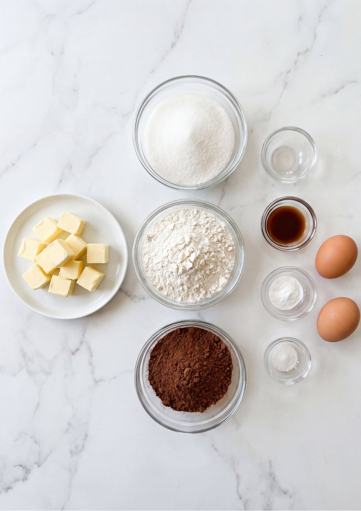 Overhead view of measured cookie ingredients including cubed butter, granulated sugar, flour, cocoa powder, eggs, vanilla, baking soda, and salt in small glass bowls.