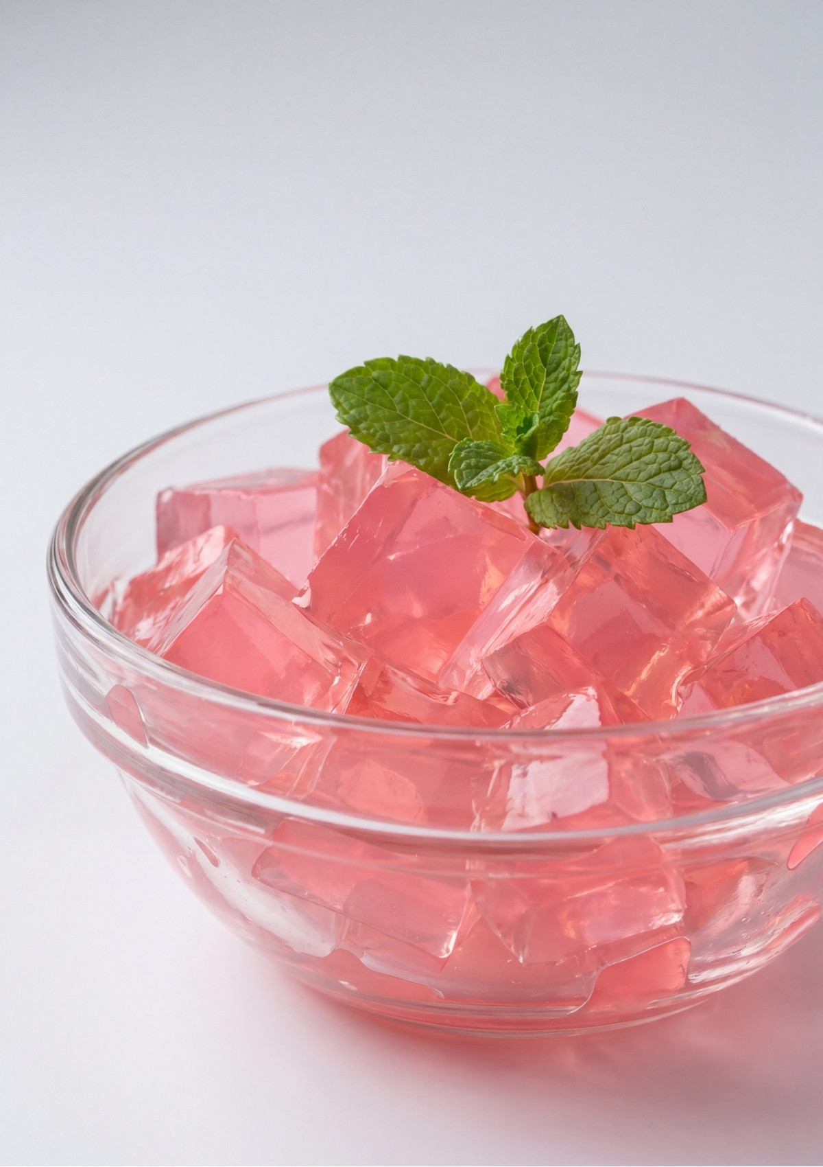 A close-up shot of a clear glass bowl filled with glistening pink gelatin cubes topped with a fresh green mint leaf.