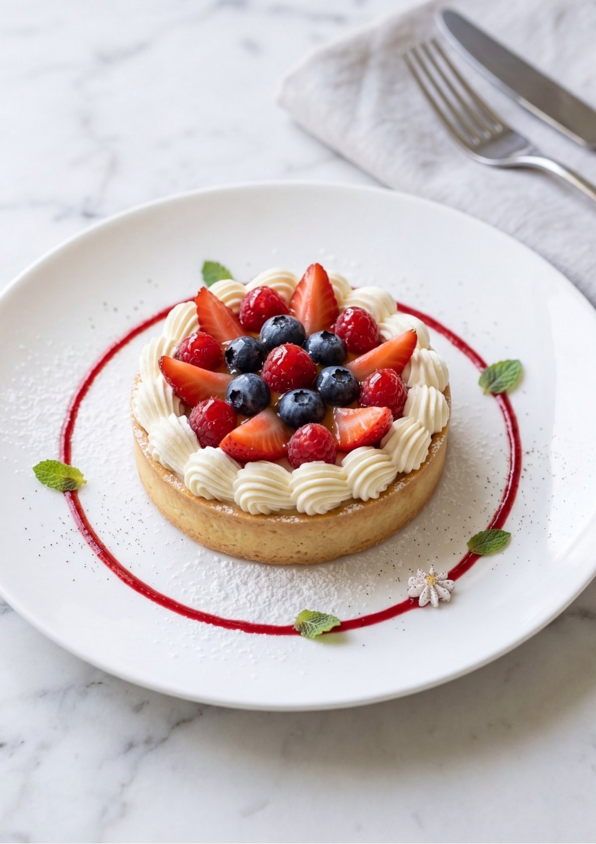 A gourmet fruit tartlet served on a white plate with a red berry sauce ring, topped with whipped cream, strawberries, raspberries, and blueberries, perfect for a Patriotic Tartlets Recipe for Summer Parties.