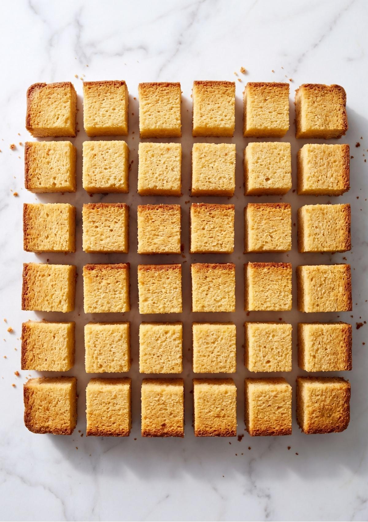 Evenly cut square cubes of golden pound cake arranged in a grid pattern on a white marble surface.
