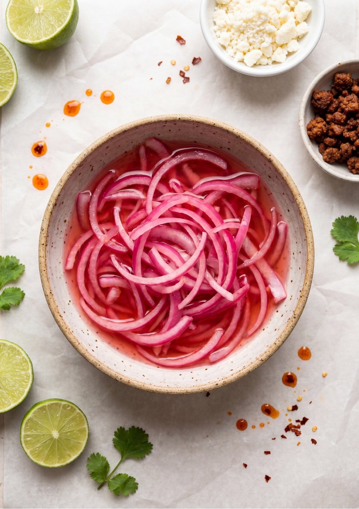 A top-down view of sliced red onions softening in pickling liquid inside a ceramic bowl, surrounded by lime halves, cotija cheese, cooked meat bits, and cilantro leaves on white parchment paper