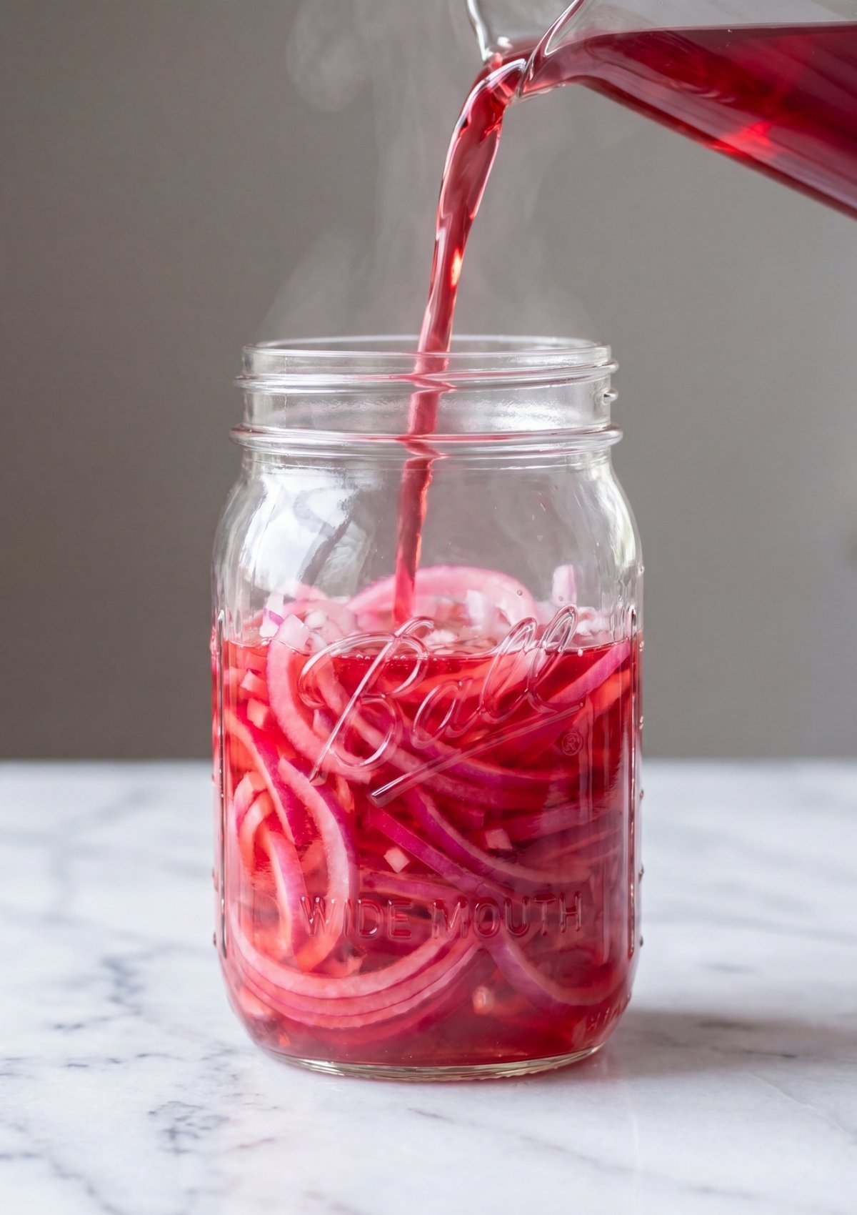 Hot pink pickling liquid being poured from a glass pitcher into a wide mouth mason jar filled with sliced red onions, showing rising steam.
