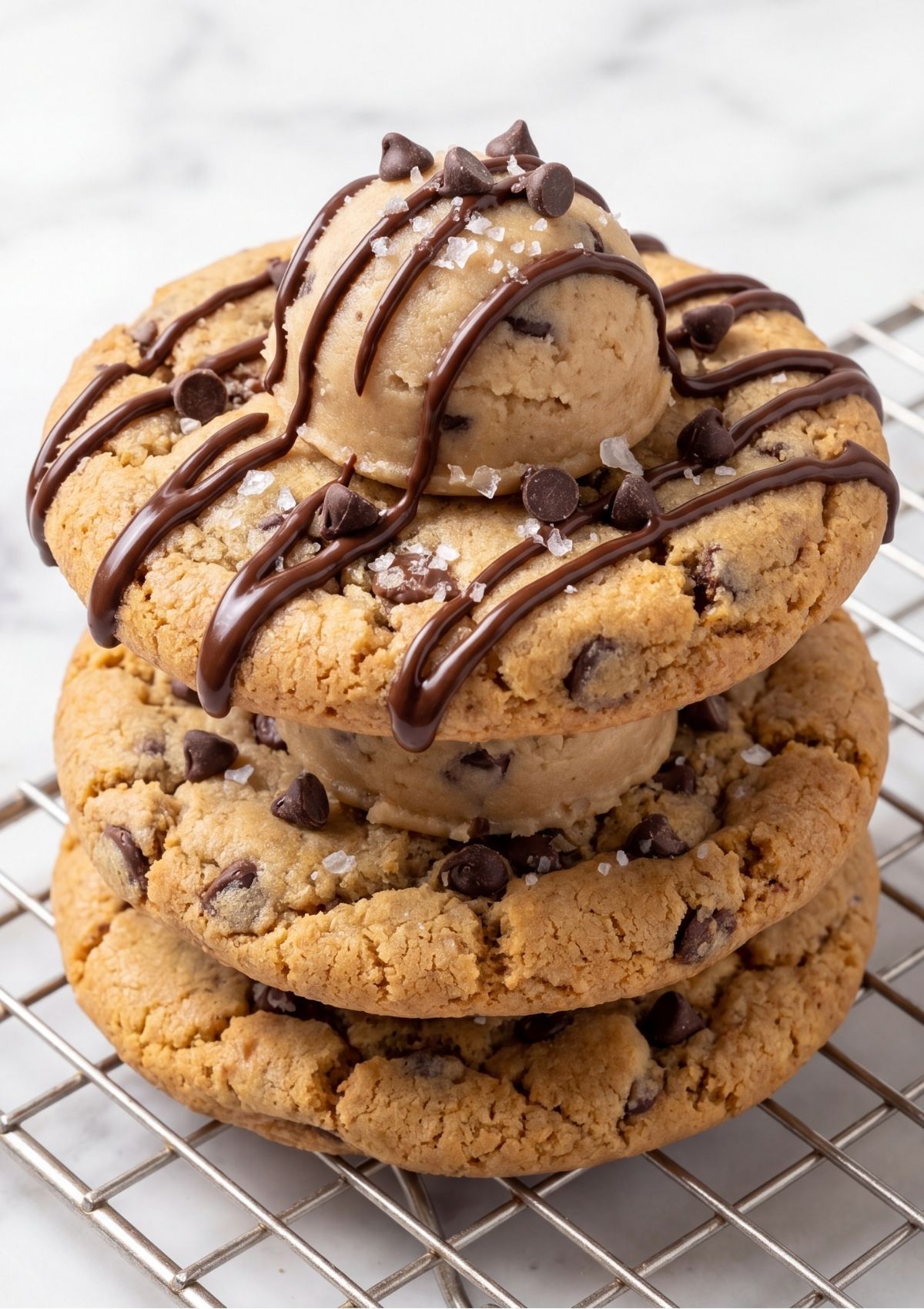 A close up vertical stack of three chocolate chip cookies topped with edible cookie dough balls, melted chocolate drizzle, and sea salt flakes