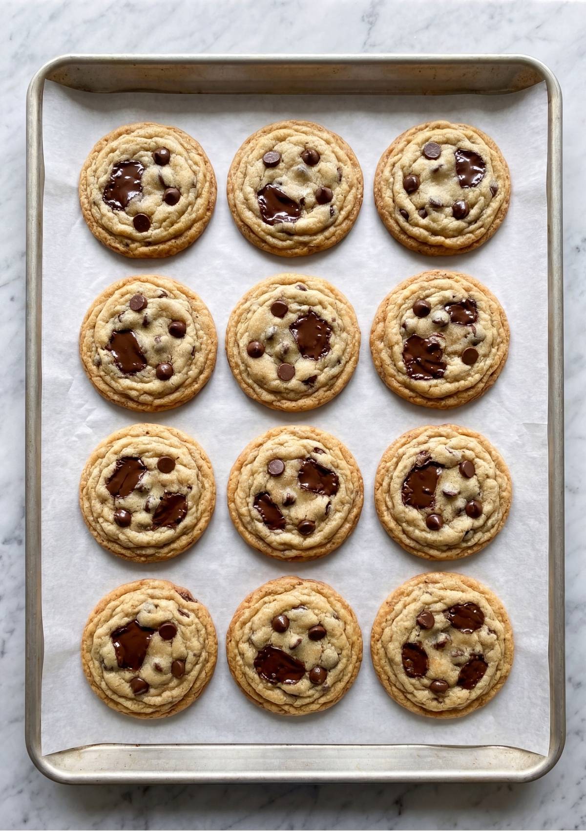 A top down view of twelve freshly baked chocolate chip cookies lined up on a parchment paper covered baking sheet
