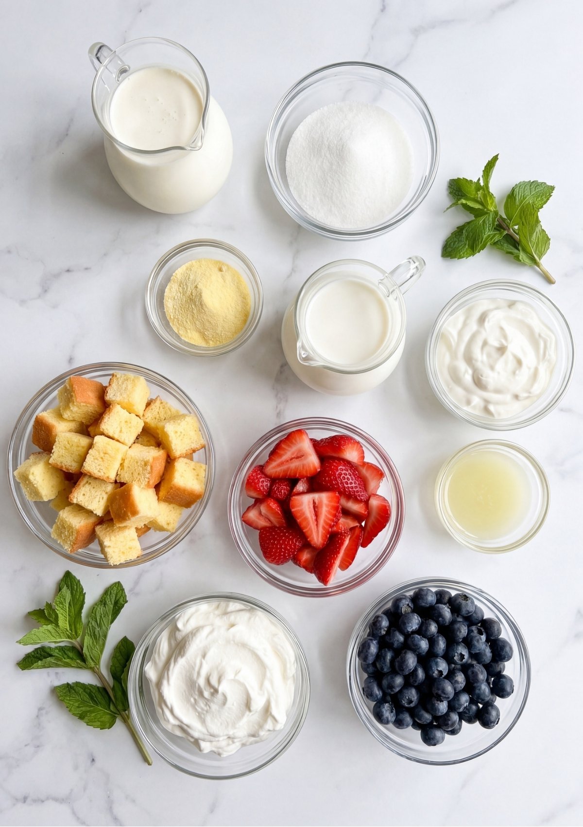 An overhead shot of ingredients including bowls of blueberries, sliced strawberries, cake cubes, cream, milk, and sugar on a white background.