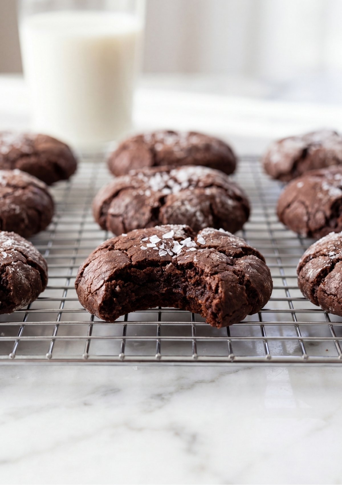 Close up view of a rich chocolate cookie with a bite taken out, showing its soft center, on a wire rack next to a glass of milk.