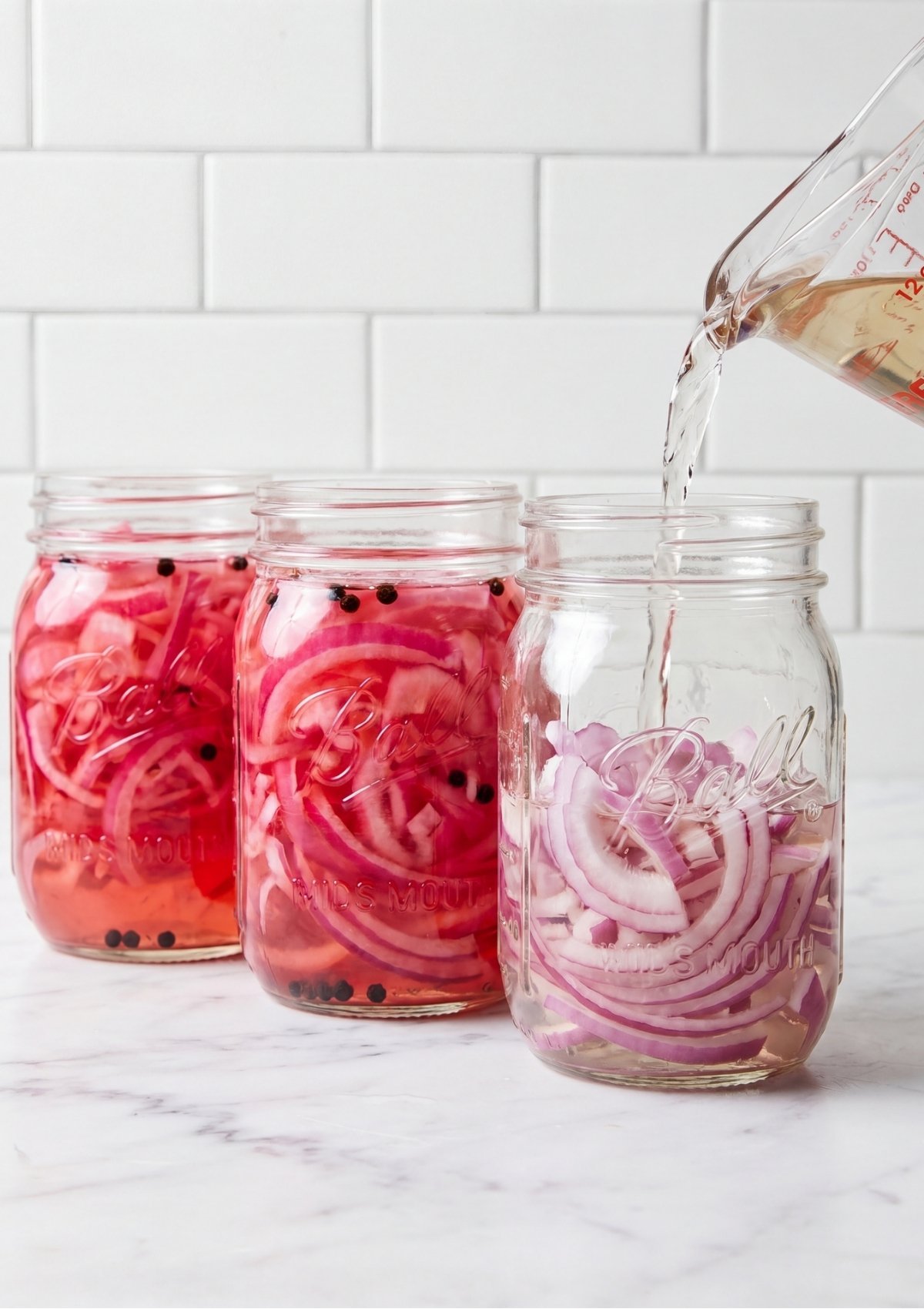 Clear warm liquid being poured from a glass measuring cup into a mason jar filled with sliced raw red onions next to two jars already filled with pickled onions.