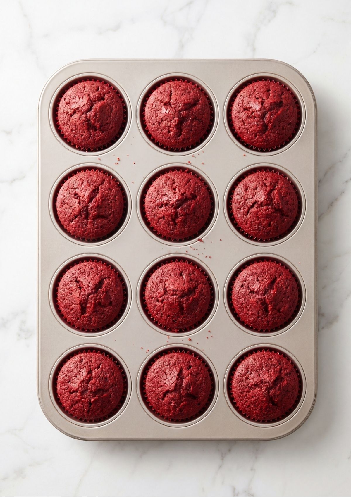 A metal muffin tin holding twelve perfectly baked, vibrant red velvet cupcakes fresh from the oven.