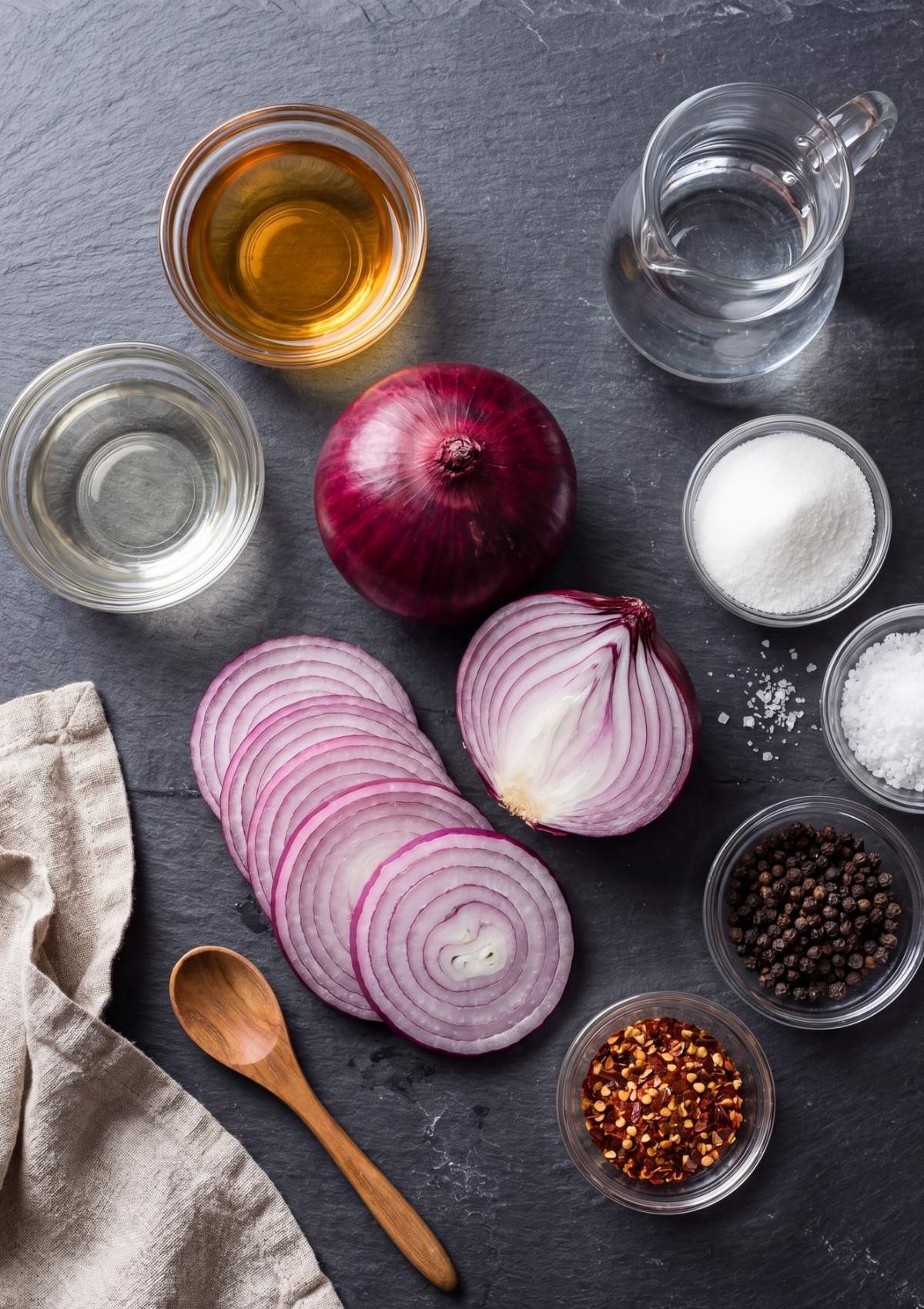 Overhead view of ingredients for pickled red onions including a whole red onion, sliced onion rings, vinegar, water, sugar, salt, black peppercorns, and red pepper flakes on a dark slate surface.