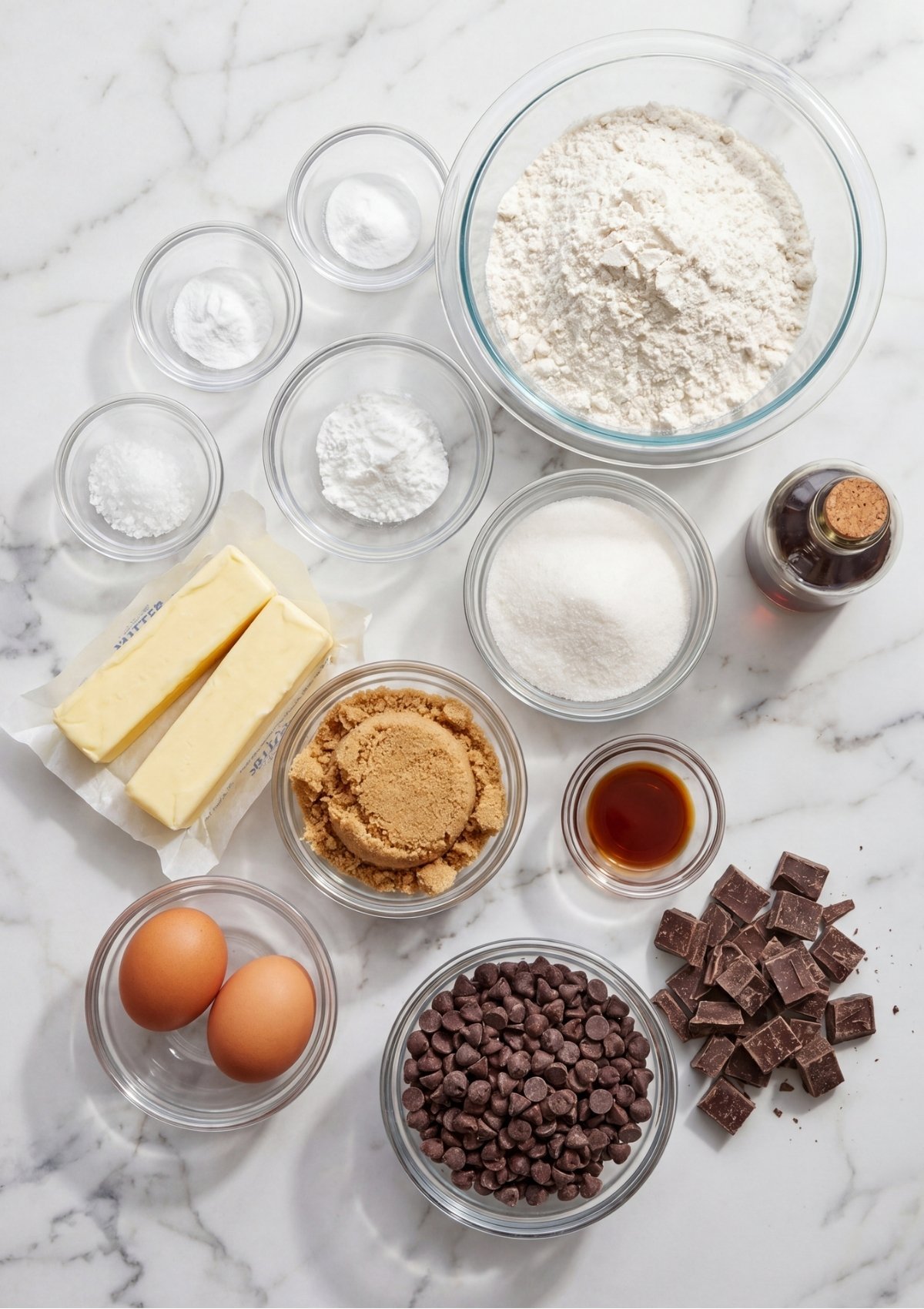 Overhead view of baking ingredients including flour, butter, eggs, sugar, vanilla, and chocolate chips in glass bowls on a marble surface.