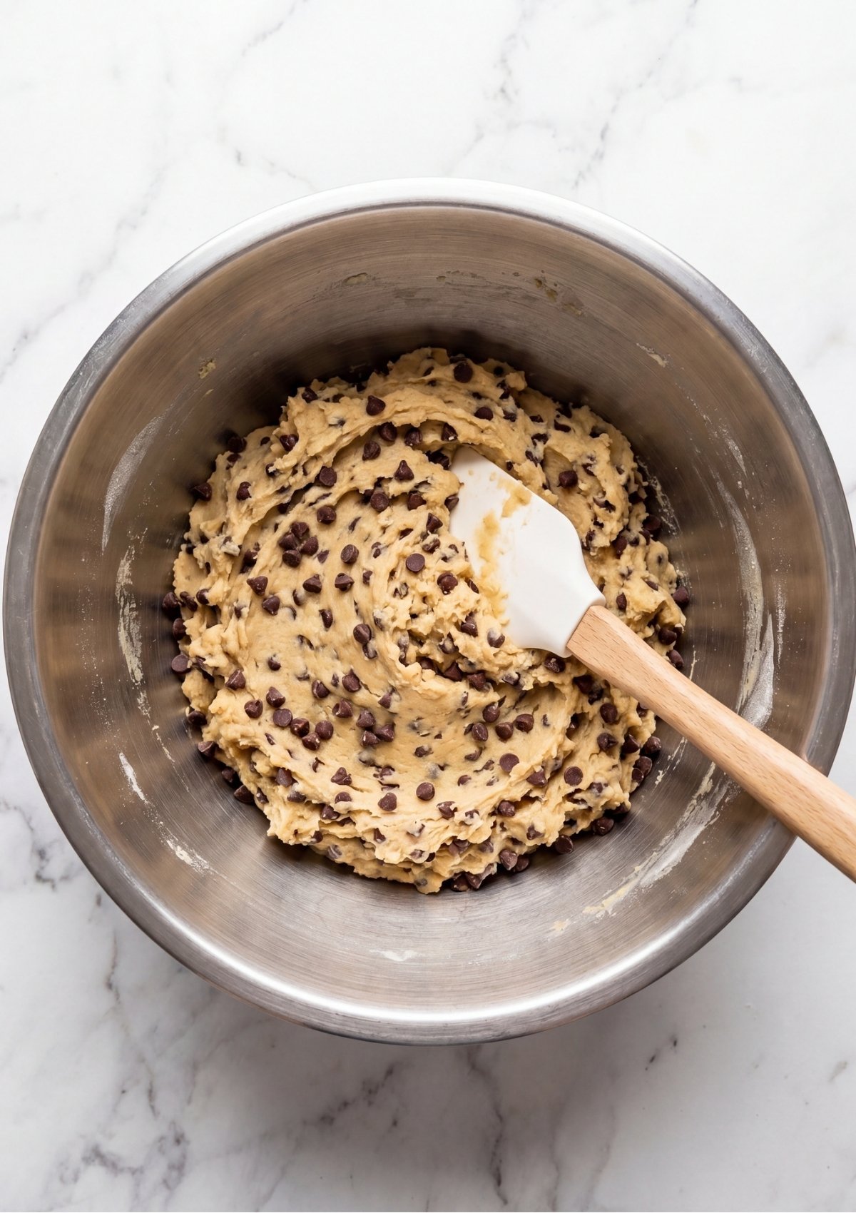 Overhead view of thick cookie dough mixed with mini chocolate chips in a metal bowl with a white rubber spatula