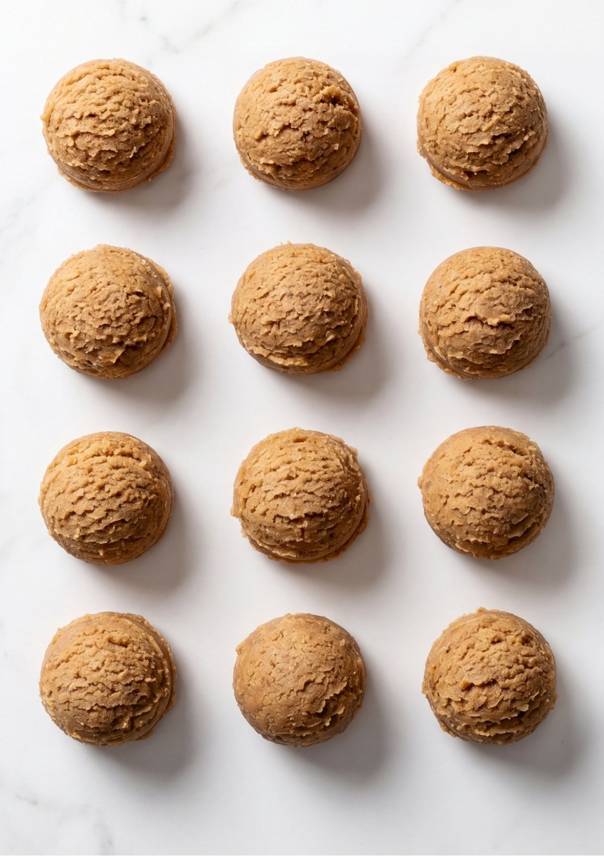 Twelve perfectly rounded scoops of brown sugar cookie dough arranged in rows on a white marble surface.