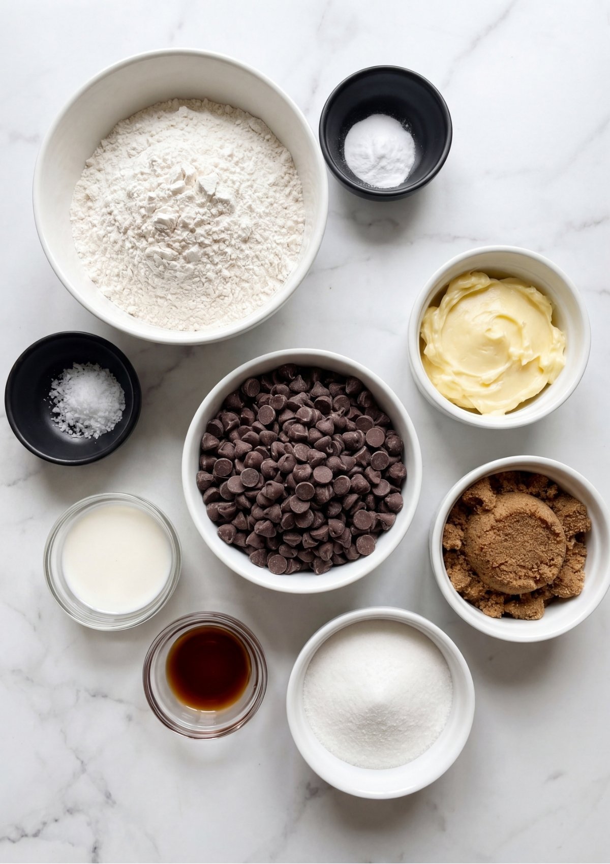 Top down view of small white and black bowls containing flour, chocolate chips, brown sugar, white sugar, butter, milk, vanilla, salt, and baking soda on a marble surface