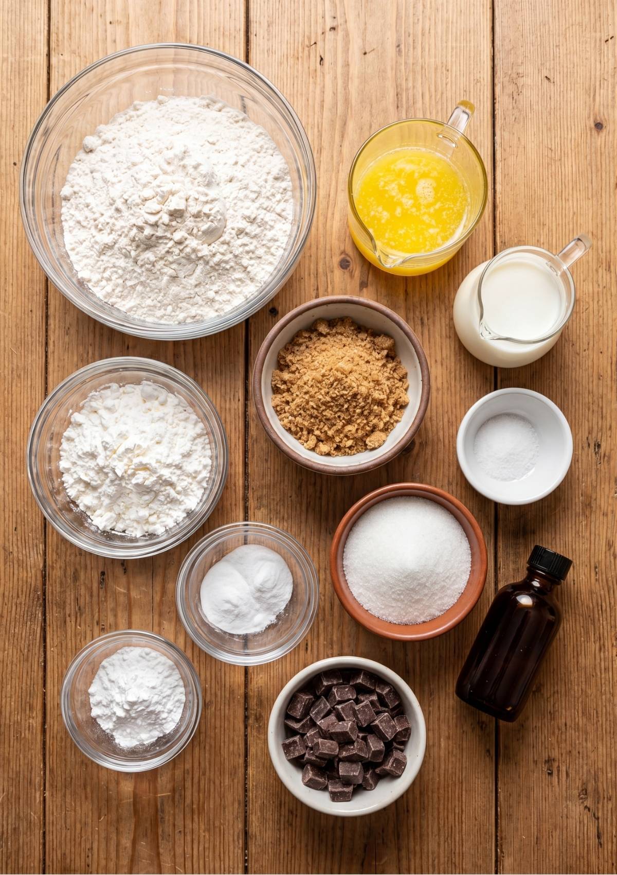 Overhead view of baking ingredients measured into glass and ceramic bowls on a wooden tabletop including flour, sugars, melted butter, milk, and chocolate chunks