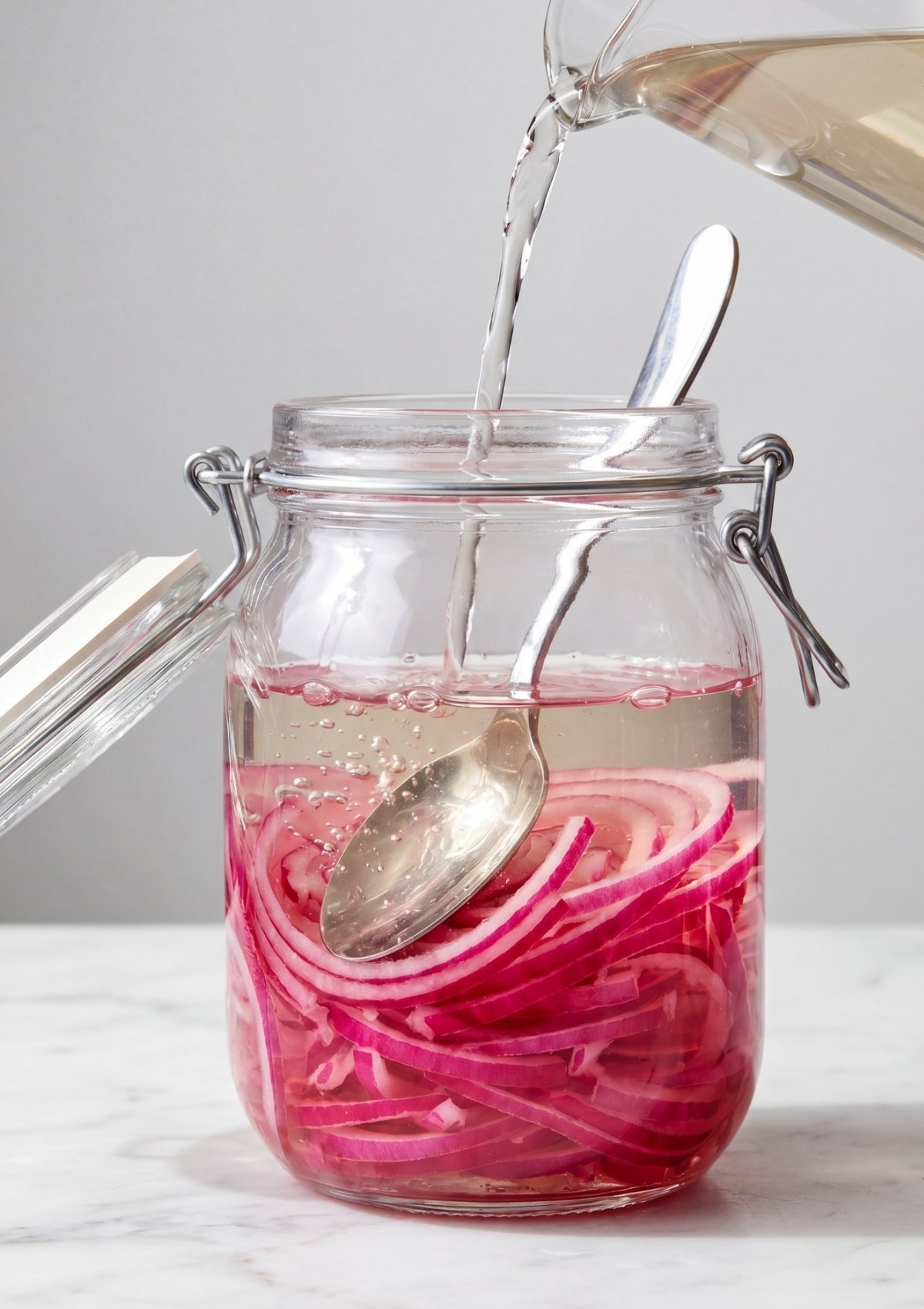Clear pickling brine being poured from a glass pitcher into a jar filled with sliced red onions on a white marble countertop.