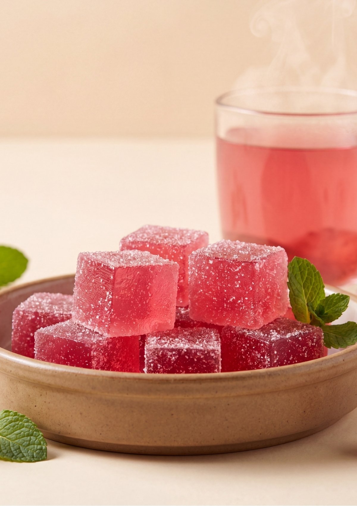 Red gelatin cubes coated with a light dusting of sweetener served in a brown ceramic dish with fresh mint leaves