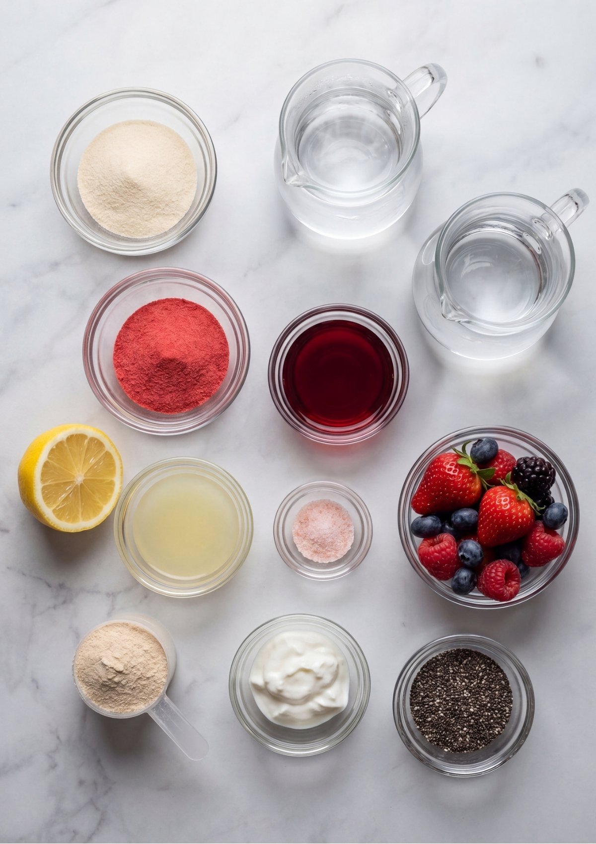 Overhead shot of recipe ingredients including gelatin powder, strawberry mix, lemon juice, cranberry juice, fresh berries, and chia seeds in small bowls
